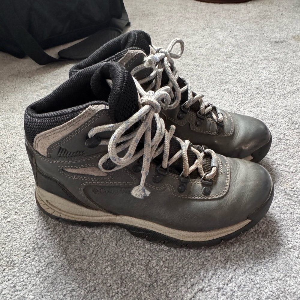 Columbia Youth Gray/Blue/Black waterproof hiking boots.